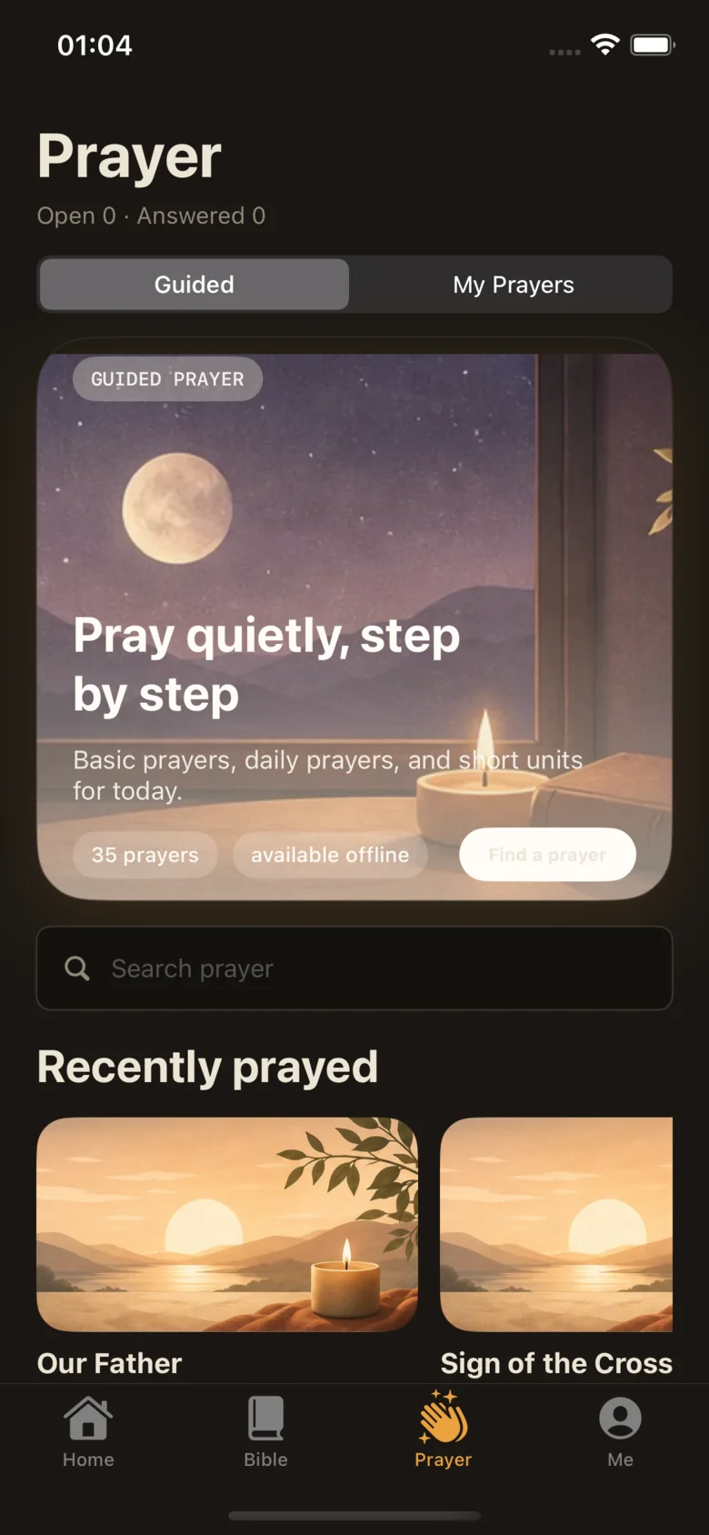 The prayer tab, showing the guided prayer hero and recently prayed cards.